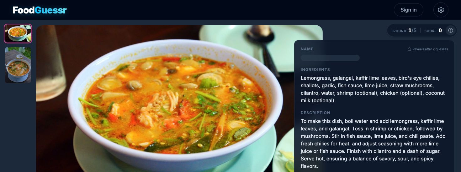 FoodGuessr Classic showing a dish photograph, ingredients, preparation clues and round counter