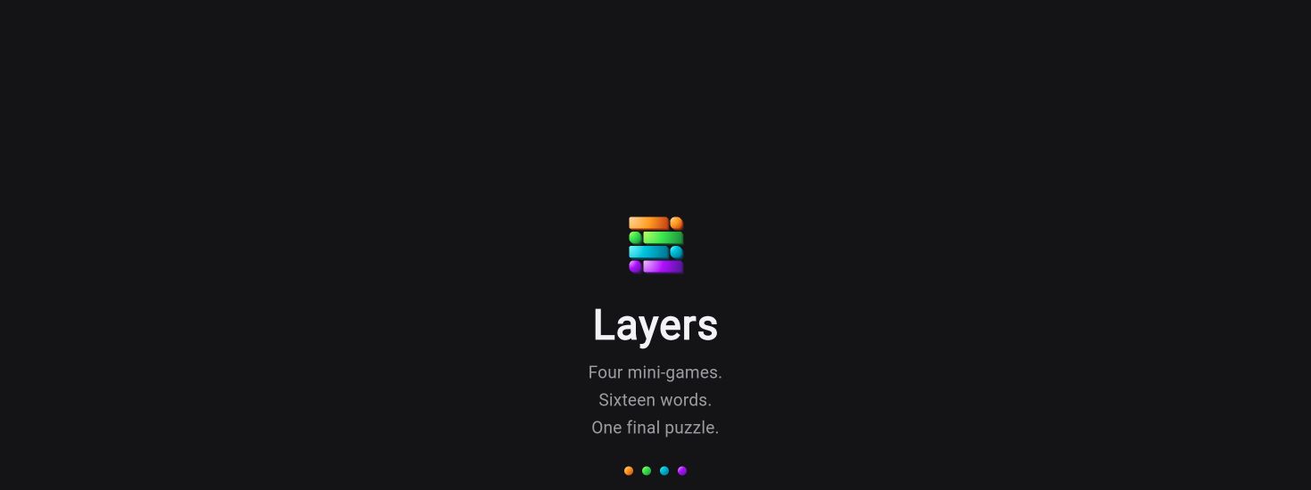 Official Layers browser game start screen with its coloured tile logo and four mini-games introduction